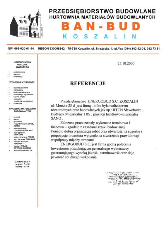 BAN-BUD Przedsiębiorstwo Budowlane - Hurtownia Materiałów Budowlanych,  Koszalin