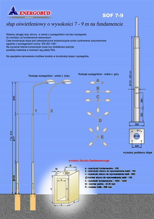 słup oświetleniowy 7-9 m na fundamencie