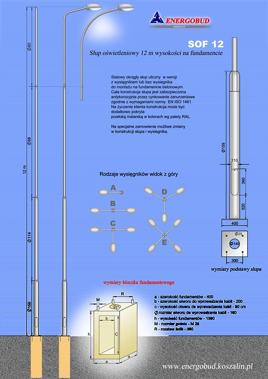 słup oświetleniowy o wysokości 12 m na fundamencie