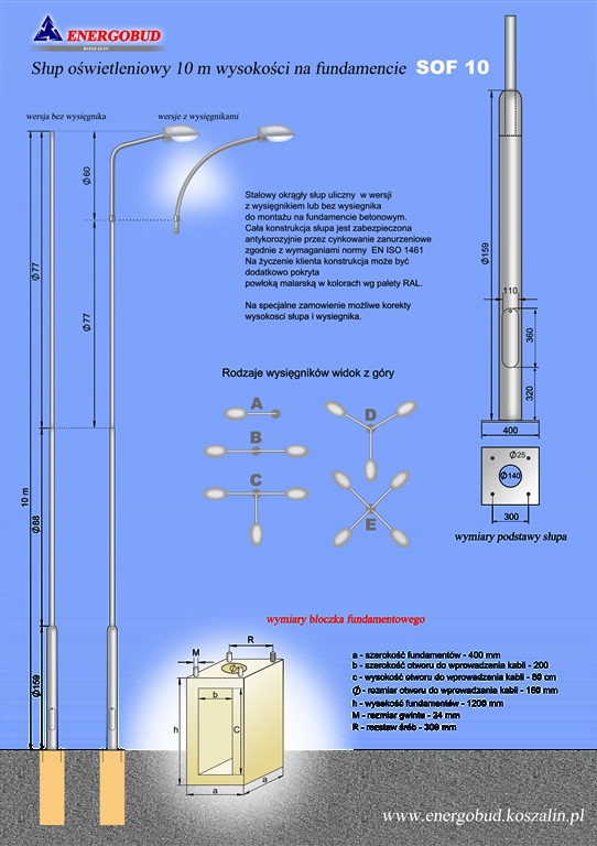 słup oświetleniowy o wysokości 10 m na fundamencie