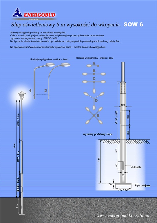 słup oświetleniowy 6 m wysokości do wkopania