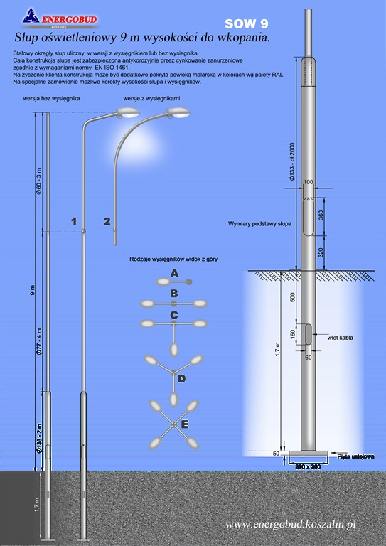 słup oświetleniowy 9 m wysokości do wkopania