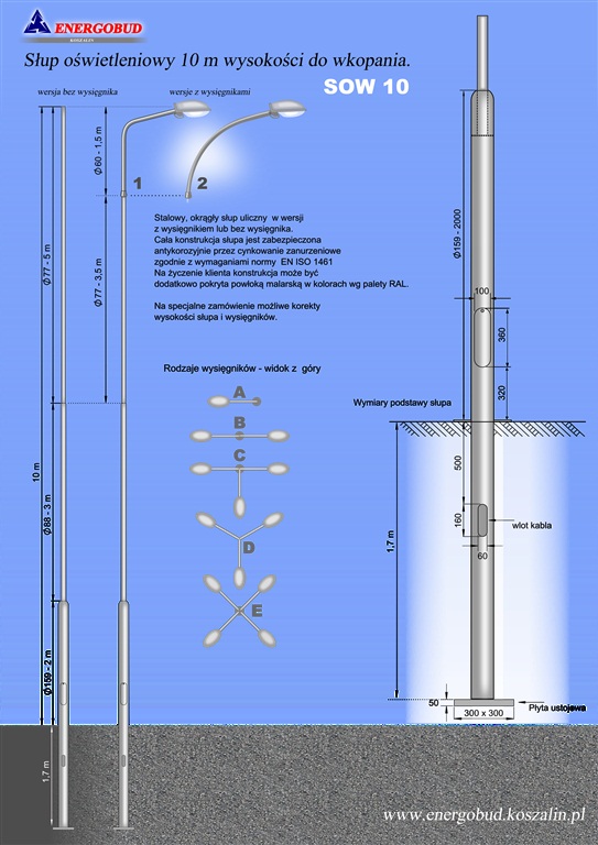 słup oświetleniowy 10 m wysokości do wkopania