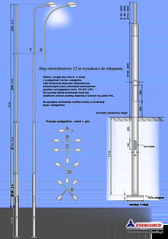 słup oświetleniowy 12 m wysokości do wkopania